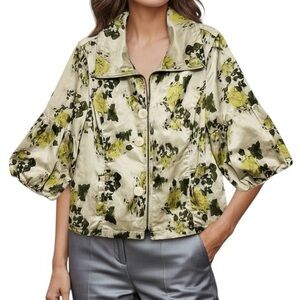 Tribal Jacket Satin Tropical Floral Print Balloon Sleeve Full/Zip Pocket 14 NWOT